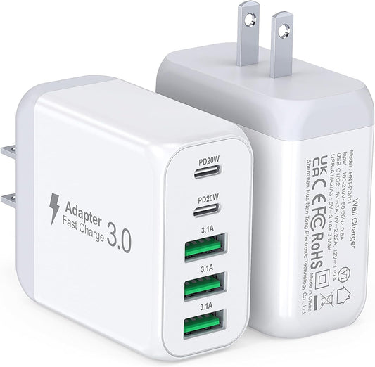 60W 5-Port USB-C Wall Charger Block - 2-Pack Fast Charging Power Adapter with PD and QC 3.0 for iPhone 15/16/17 Pro Max Plus, iPad, and Samsung Galaxy