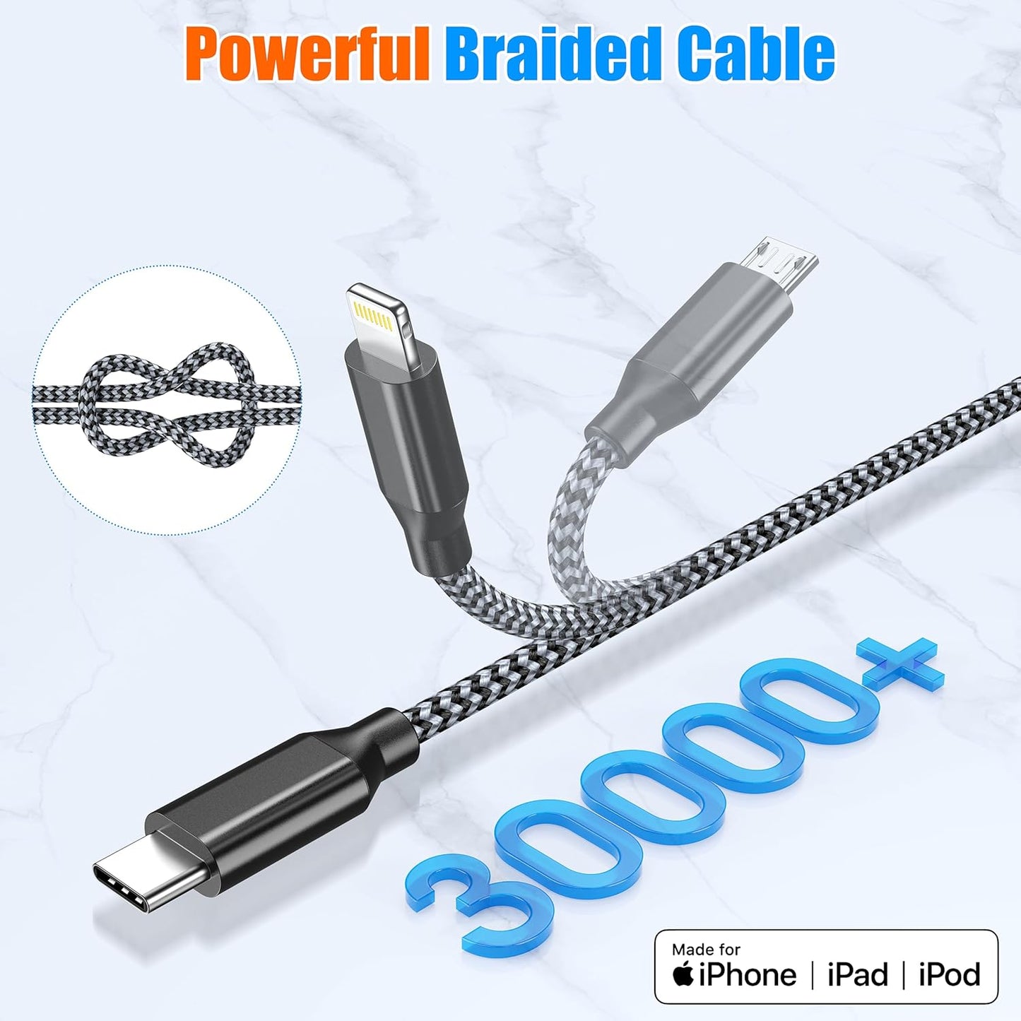 4FT 2-Pack MFi Certified 3-in-1 Nylon Braided Charging Cable for iPhone, USB Type-C, and Micro USB Devices