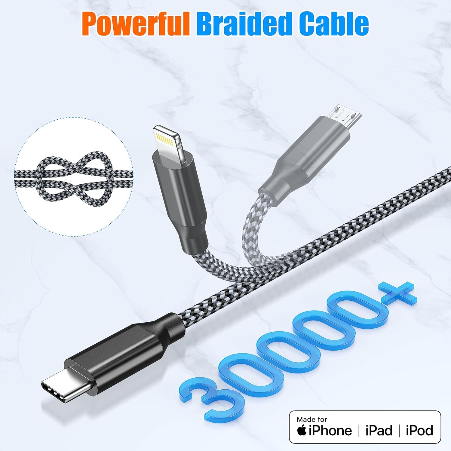 4FT 2-Pack MFi Certified 3-in-1 Nylon Braided Charging Cable for iPhone, USB Type-C, and Micro USB Devices