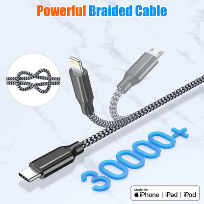 4FT 2-Pack MFi Certified 3-in-1 Nylon Braided Charging Cable for iPhone, USB Type-C, and Micro USB Devices