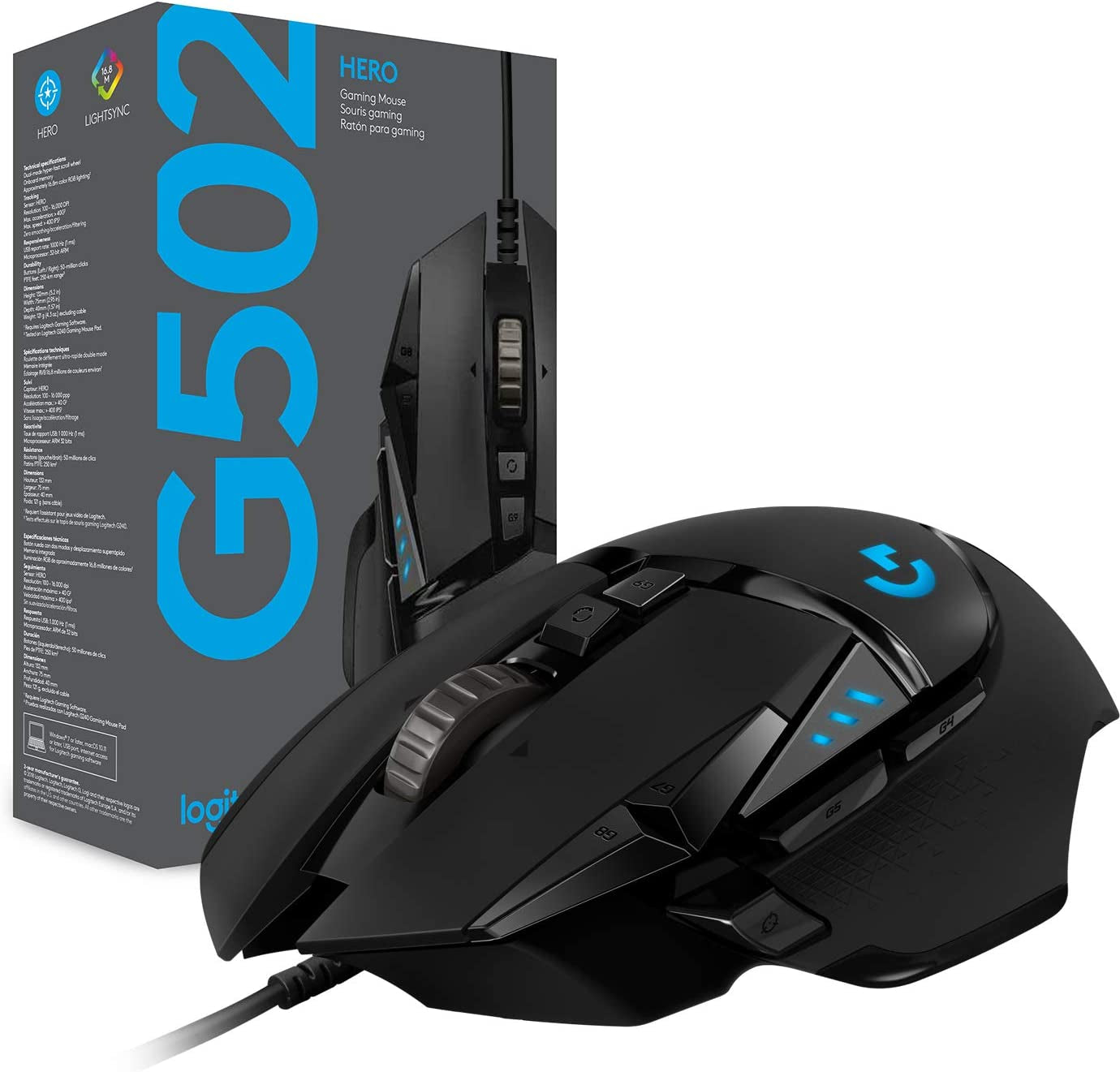 Logitech G502 Hero Wired Gaming Mouse - High-Performance with Hero 25K Sensor, 25,600 DPI, RGB Lighting, Adjustable Weights, 11 Programmable Buttons, and On-Board Memory for PC/Mac