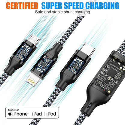 4FT 2-Pack MFi Certified 3-in-1 Nylon Braided Charging Cable for iPhone, USB Type-C, and Micro USB Devices