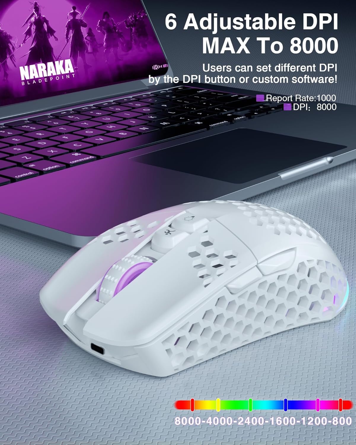 SM600 Wireless Gaming Mouse - Tri-Mode Connectivity (Bluetooth 5.1, Type-C Wired, 2.4GHz Wireless), Programmable Macros, RGB Lighting, Dual Side Buttons for Laptop, PC, and Mac
