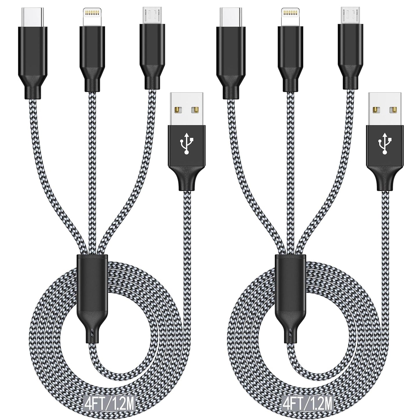 4FT 2-Pack MFi Certified 3-in-1 Nylon Braided Charging Cable for iPhone, USB Type-C, and Micro USB Devices