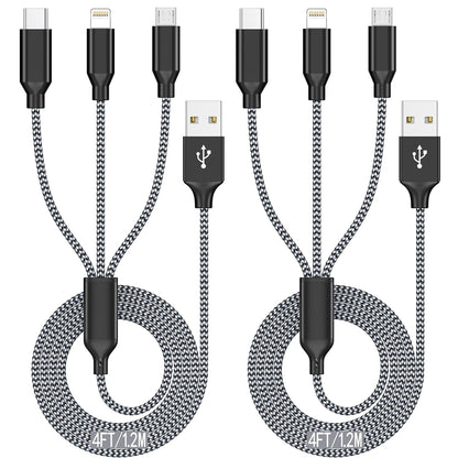 4FT 2-Pack MFi Certified 3-in-1 Nylon Braided Charging Cable for iPhone, USB Type-C, and Micro USB Devices
