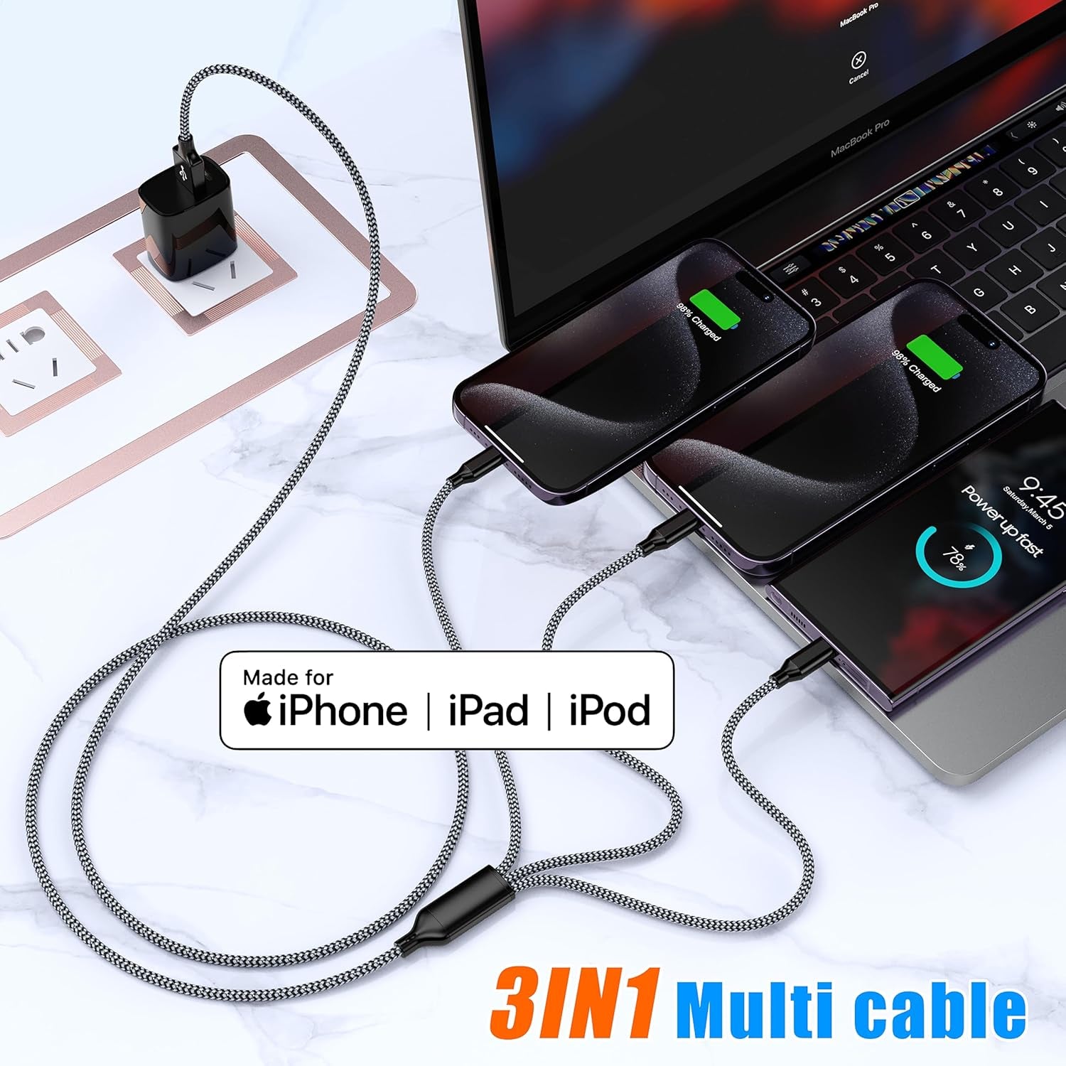 4FT 2-Pack MFi Certified 3-in-1 Nylon Braided Charging Cable for iPhone, USB Type-C, and Micro USB Devices