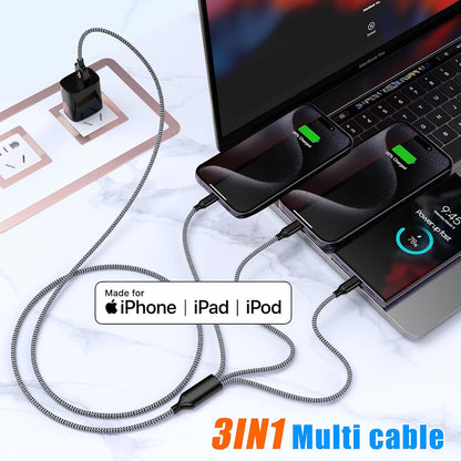 4FT 2-Pack MFi Certified 3-in-1 Nylon Braided Charging Cable for iPhone, USB Type-C, and Micro USB Devices