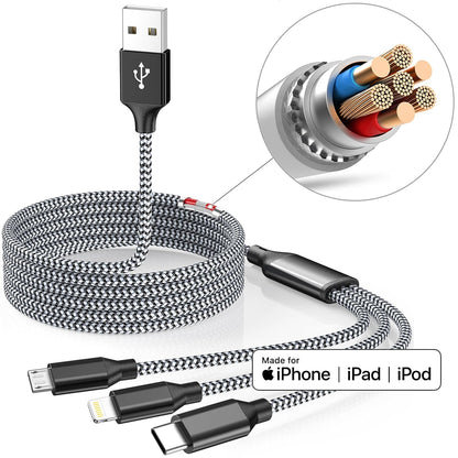 4FT 2-Pack MFi Certified 3-in-1 Nylon Braided Charging Cable for iPhone, USB Type-C, and Micro USB Devices