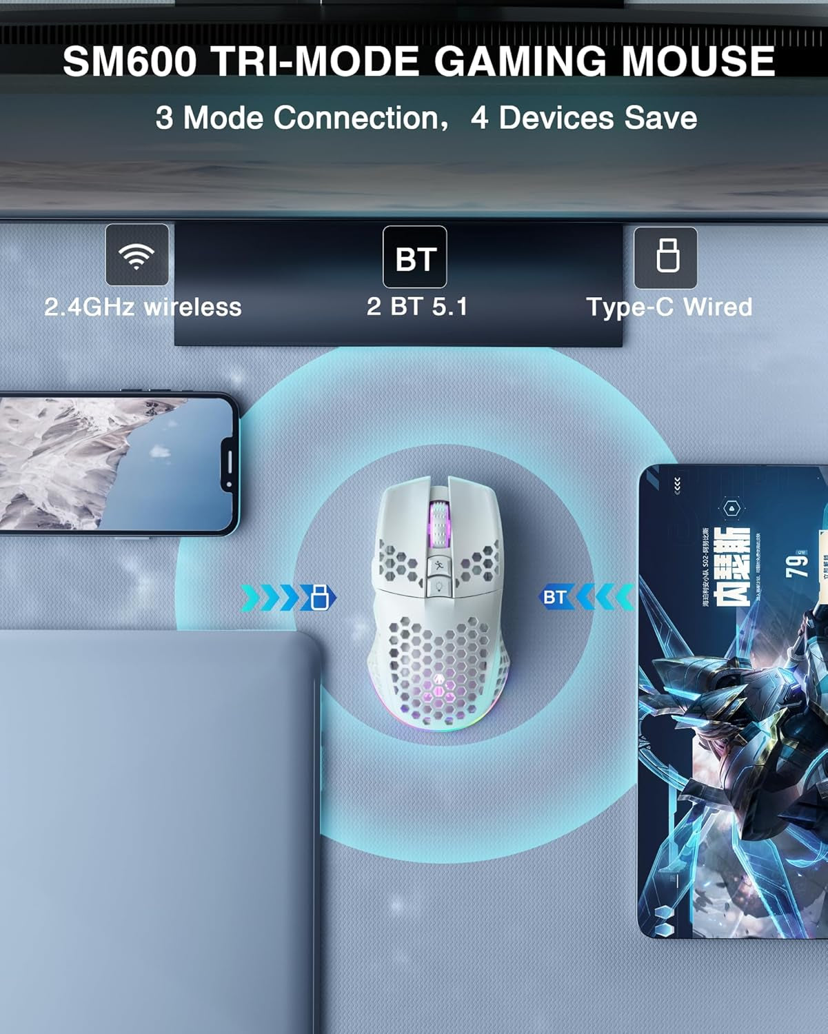 SM600 Wireless Gaming Mouse - Tri-Mode Connectivity (Bluetooth 5.1, Type-C Wired, 2.4GHz Wireless), Programmable Macros, RGB Lighting, Dual Side Buttons for Laptop, PC, and Mac