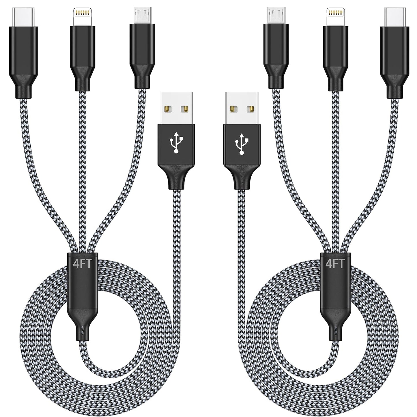 4FT 2-Pack MFi Certified 3-in-1 Nylon Braided Charging Cable for iPhone, USB Type-C, and Micro USB Devices