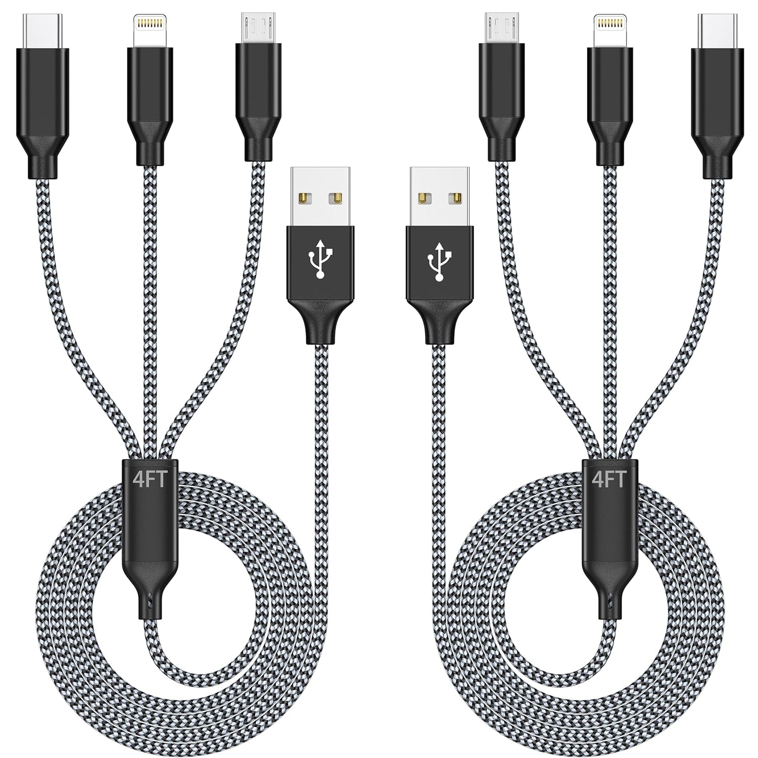 4FT 2-Pack MFi Certified 3-in-1 Nylon Braided Charging Cable for iPhone, USB Type-C, and Micro USB Devices