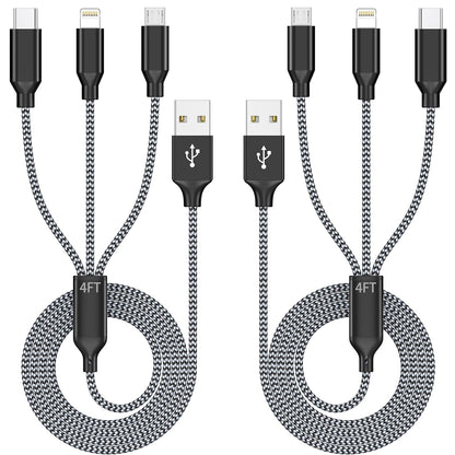 4FT 2-Pack MFi Certified 3-in-1 Nylon Braided Charging Cable for iPhone, USB Type-C, and Micro USB Devices