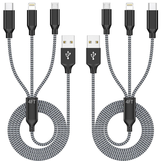 4FT 2-Pack MFi Certified 3-in-1 Nylon Braided Charging Cable for iPhone, USB Type-C, and Micro USB Devices